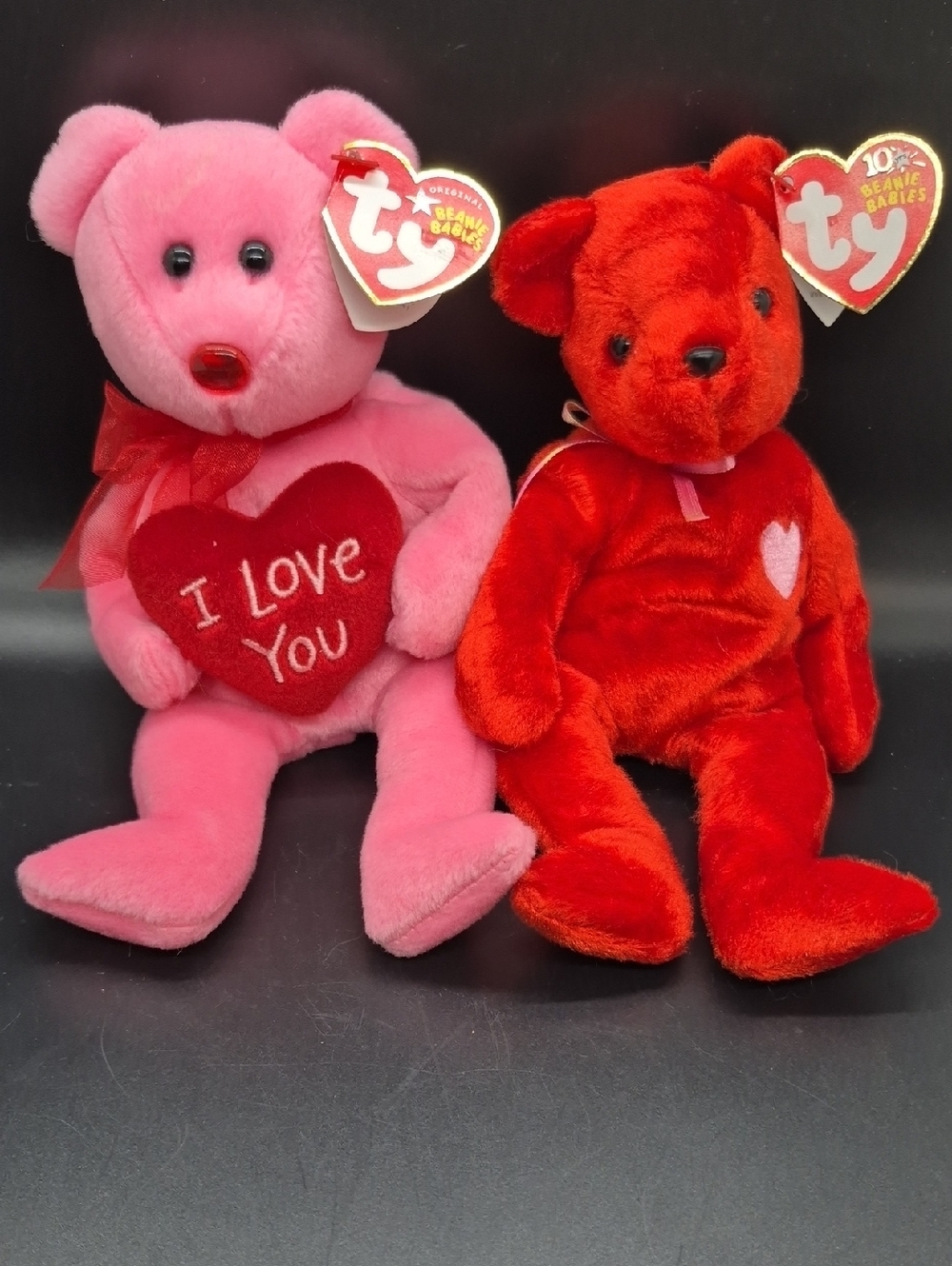Ty Plush Bear Duo — Pink Bear with Heart & Red Heart-Accent Bear
